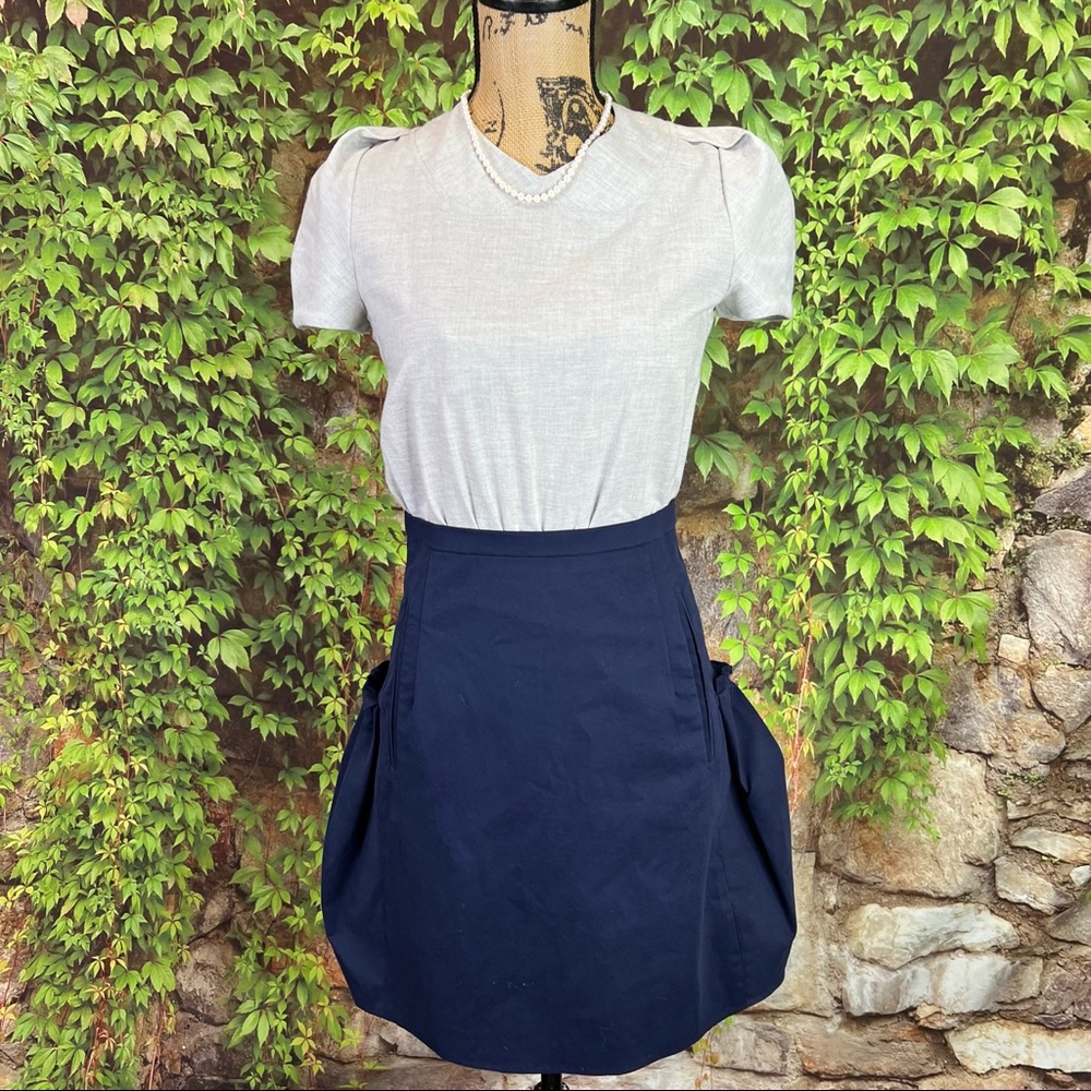 CARVEN Gray and Navy Quiet Luxury Color Block Cotton Dress, FR 36/US 4 - Picture 2 of 15